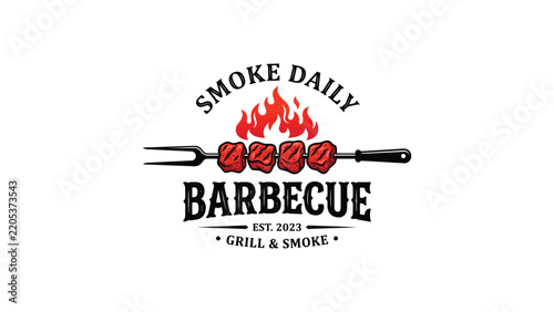 Vintage style barbecue emblem with meat skewers and flaming fire design