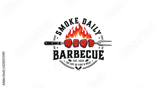 Vintage style barbecue emblem with meat skewers and fire flames