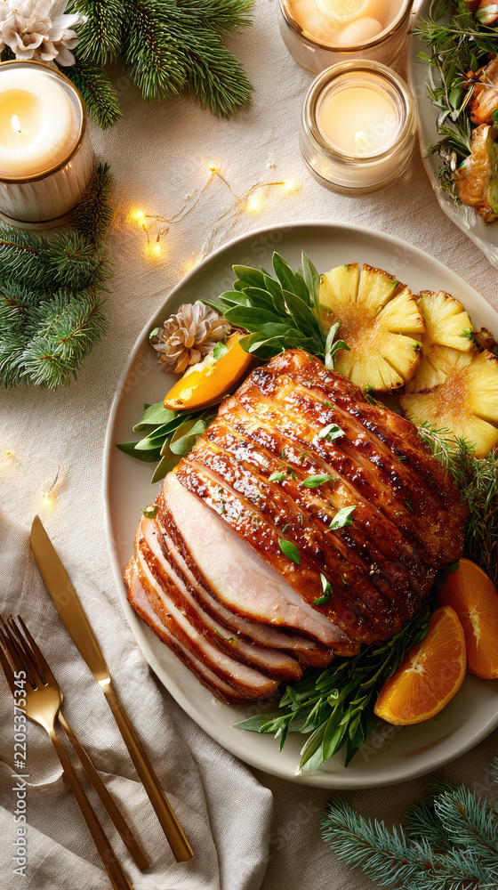 Obraz premium Glazed ham roast sliced and garnished with orange slices, pineapple chunks and rosemary on a platter — festive centerpiece for holiday dinners and special occasion feasts