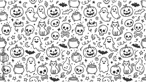 Seamless pattern with hand drawn halloween doodles on white background