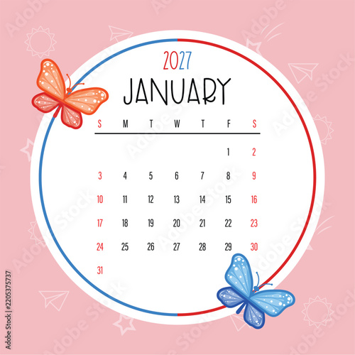 Cute January 2027 Kids Calendar Template with Colorful Butterflies