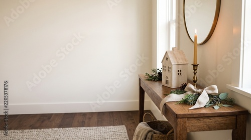 Cozy rustic console table decorated for Christmas holiday celebration with natural light