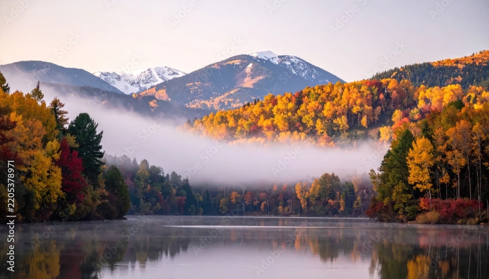 Obraz premium Scenic autumn mountains and lake with morning mist.