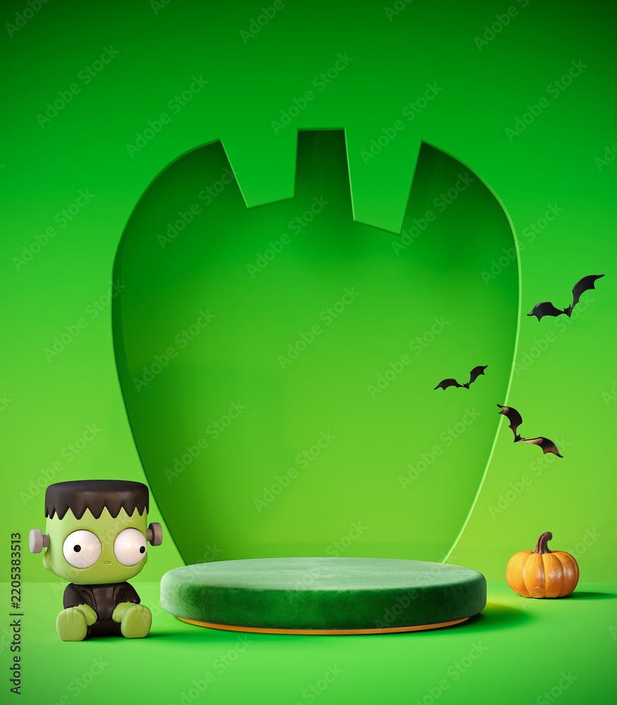Naklejka premium Halloween greeting card design with empty podium for product presentation. 3D Rendering, 3D Illustration
