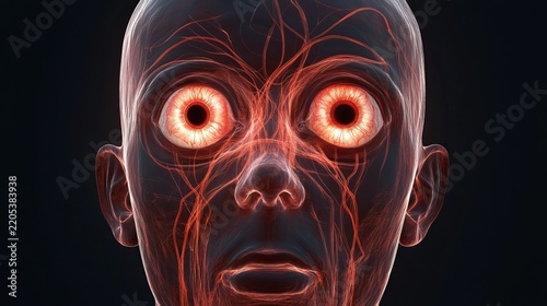 Detailed human head showcasing intricate muscle structure with glowing red eyes, presenting a medical anatomy concept