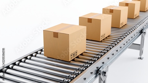 Automated conveyor belt with cardboard boxes for packaging and shipping in manufacturing and logistics, isolated on white.