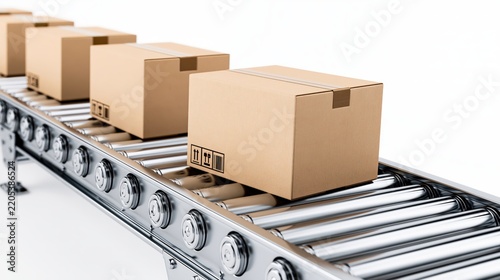 Automated conveyor belt with cardboard boxes for packaging and shipping in manufacturing and logistics, isolated on white.