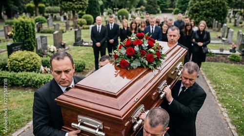 Pallbearers carrying a wooden casket with red roses at a cemetery funeral service