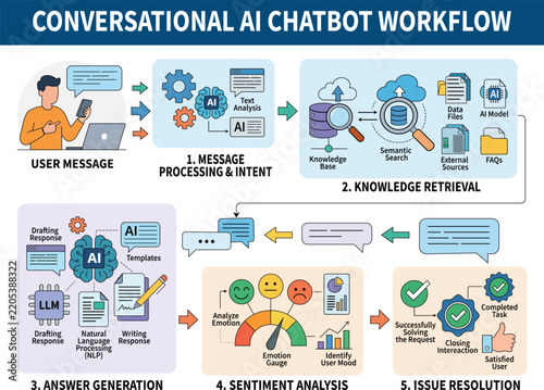 Conversational AI Chatbot Workflow with Message Processing, Knowledge Retrieval, Answer Generation, Sentiment Analysis and Issue Resolution