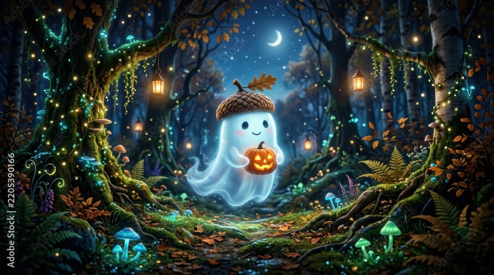 Obraz premium Magical Forest Spirit. Cute glowing ghost with acorn hat and jack-o'-lantern in an enchanted autumn woodland, Halloween 2026 seasonal festive background.