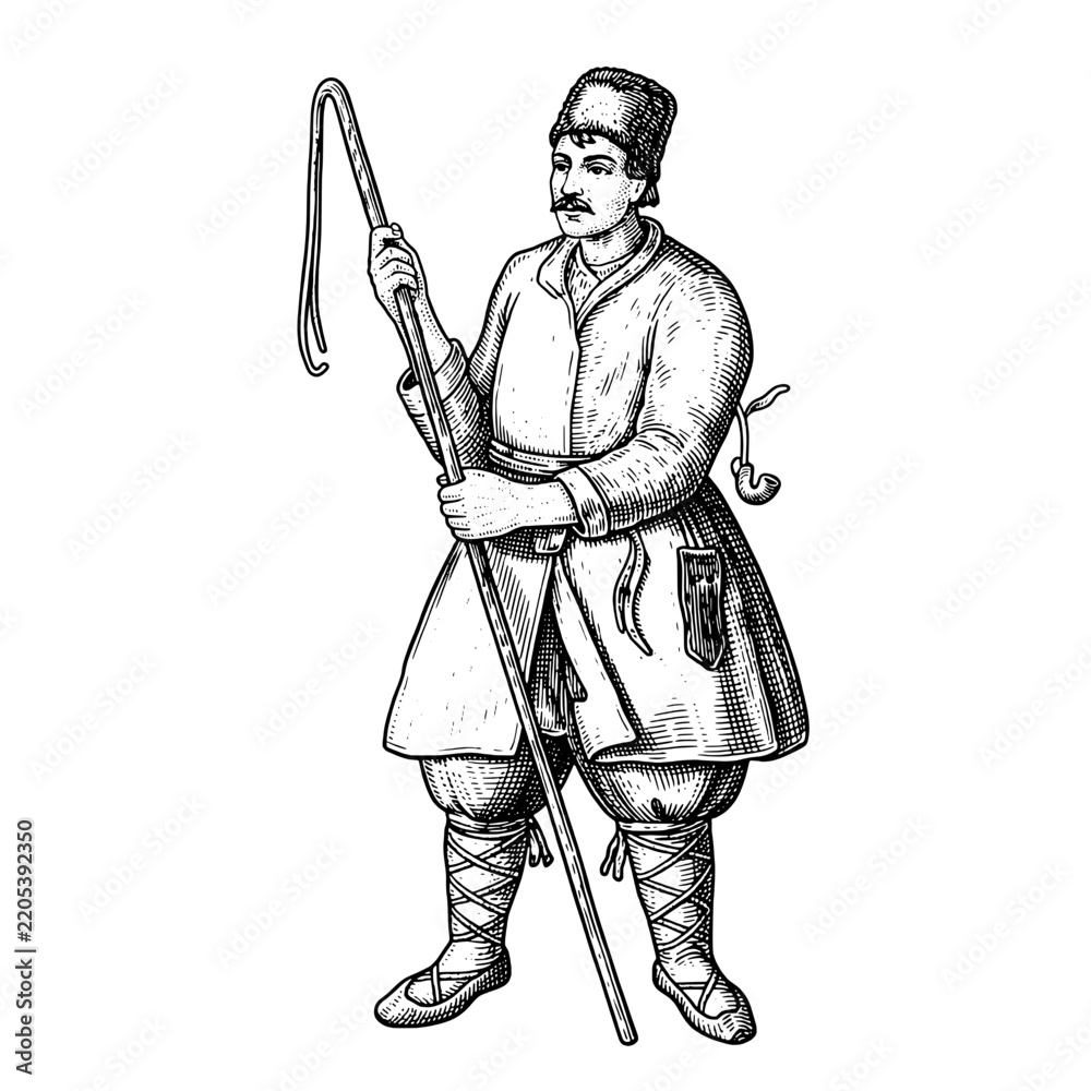 Obraz premium Engraved illustration of a man in traditional clothing holding a staff