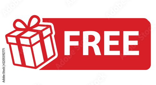 Red rectangular label with a white gift box icon and the text free promo badge red button sales tag promotional icon promotional material