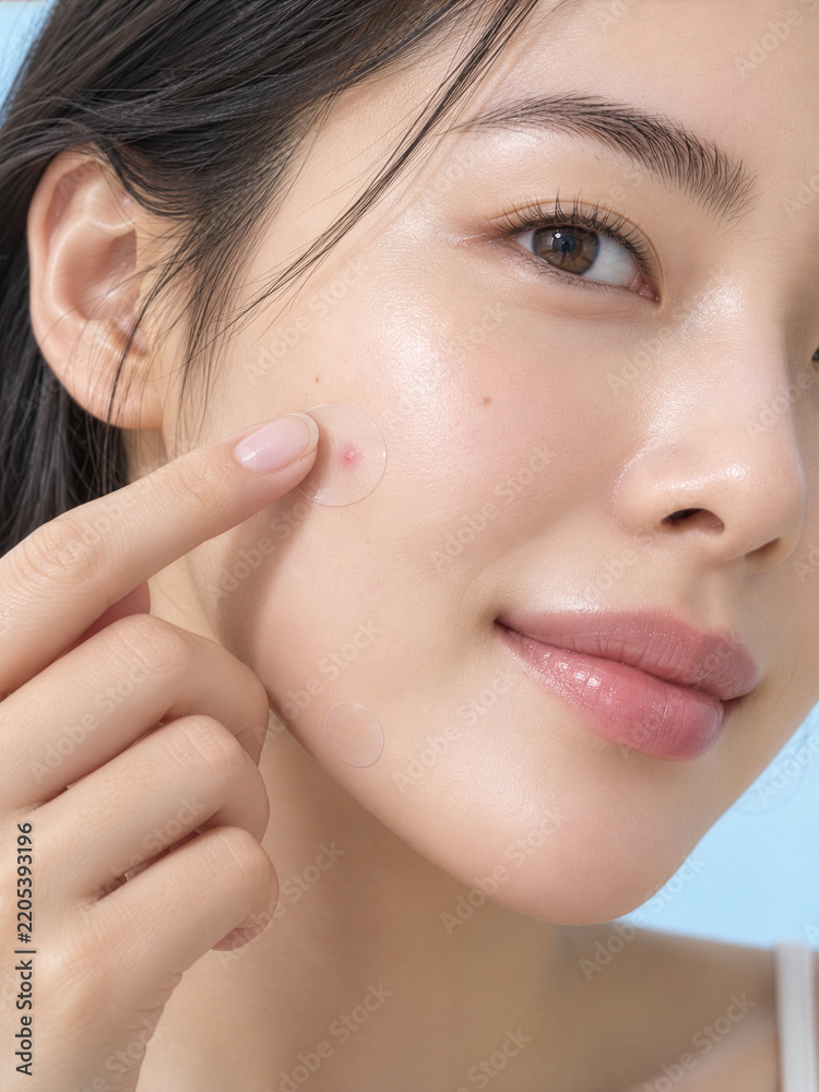 Obraz premium Woman Applying Clear Pimple Patch to Facial Blemish on Cheek
