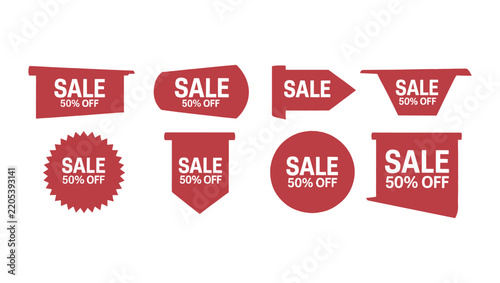 Set of eight red sale badges and promotional stickers for retail marketing with sale tags red labels discount signs shopping elements price tags
