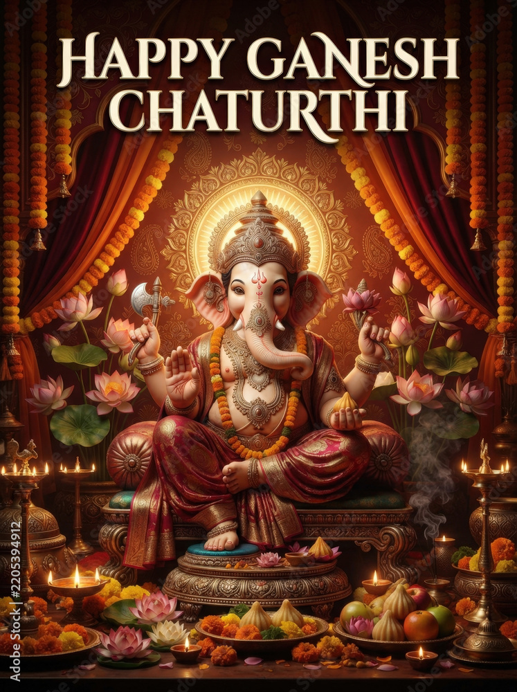 Fototapeta premium Regal ganesha statue wearing red silk attire with modak sweets and lit oil lamps for traditional ganesh chaturthi festival ritual.