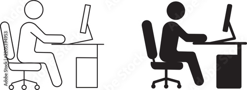 Person working at computer desk icon set .   outline, solid black, and blue color variations, office worker vector.  solid black, and blue style variations. Employee at computer desk icon. symbol. Sim