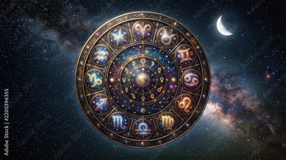Fototapeta premium Zodiac circle with astrological signs against a starry night sky with moon