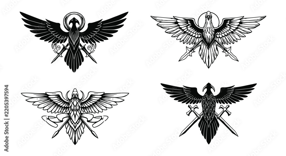 Fototapeta premium Set of vector illustrations featuring majestic eagles with outstretched wings and crossed swords