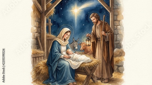 Nativity scene with Mary, Joseph and baby Jesus in a stable