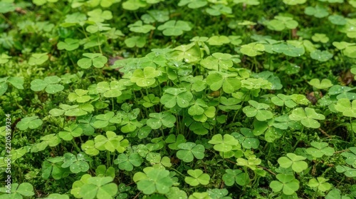 Fresh green clover leaves growing in a natural forest ground environment
