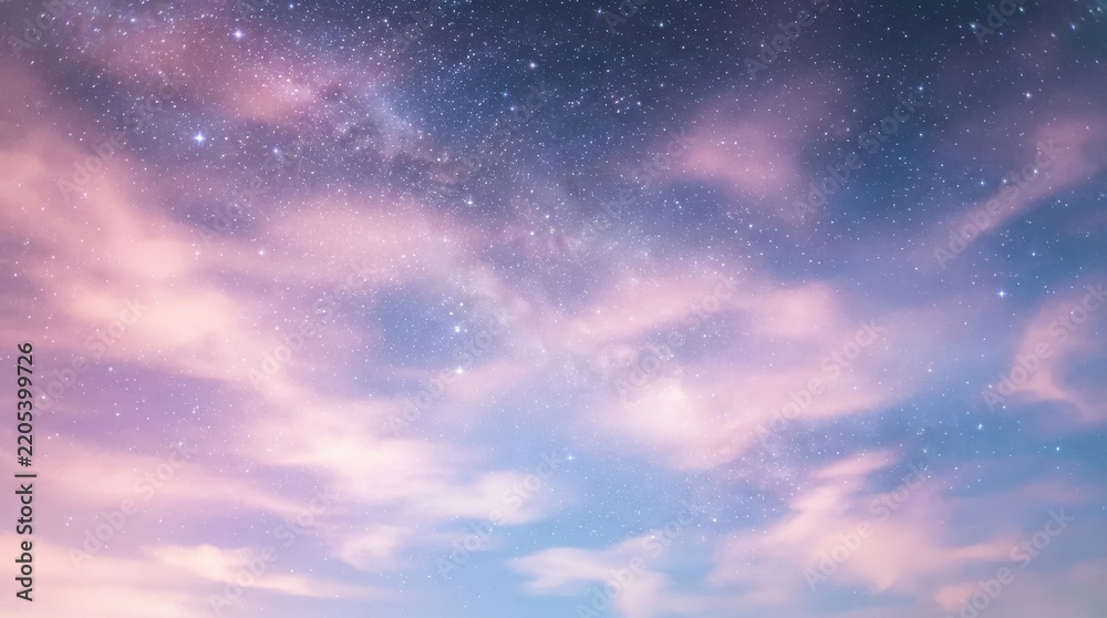Fototapeta premium Starlit night sky with soft pink and blue clouds and milky way galaxy