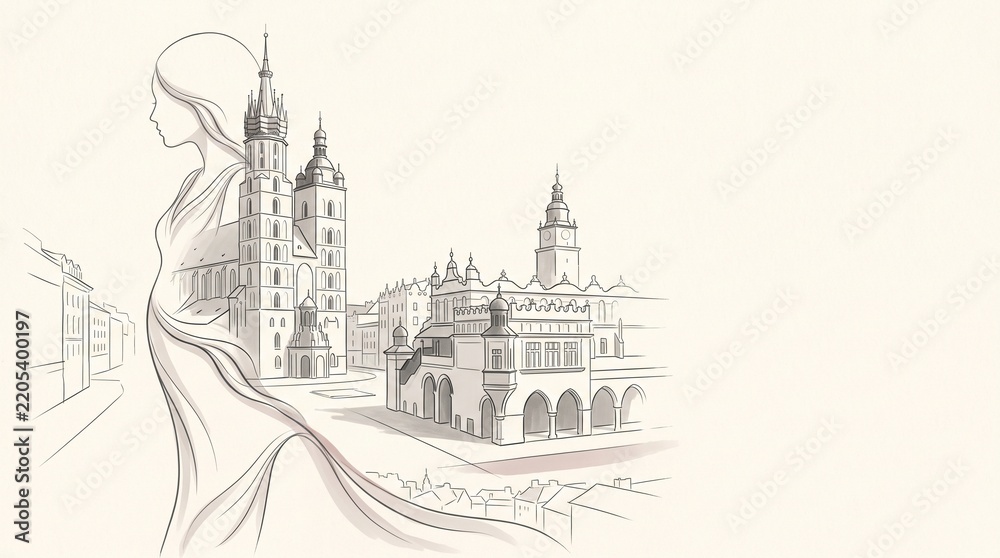 Obraz premium Surreal Krakow cityscape merging with female silhouette and St Mary Basilica