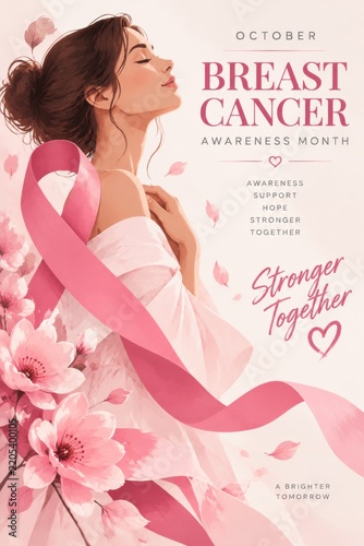 Breast Cancer Awareness Month Poster With Pink Ribbon and Flowers