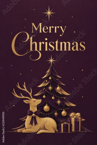 Christmas Card Design With a Deer and a Decorated Tree