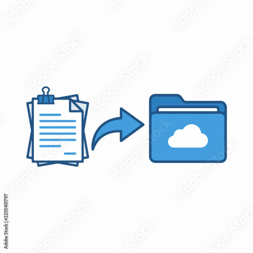 Paperless office document management concept. Paper stack to cloud storage folder. Flat vector illustration