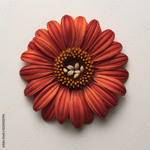 A vibrant orange and red gerbera daisy flower head with a dark brown center containing scattered light seeds on a neutral light grey background