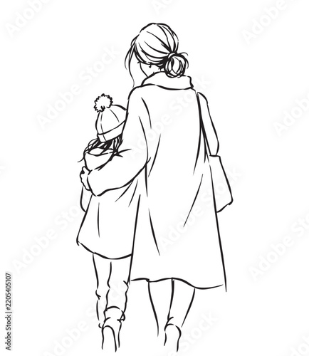 Sketch happy family relationship. Mum with child hugs