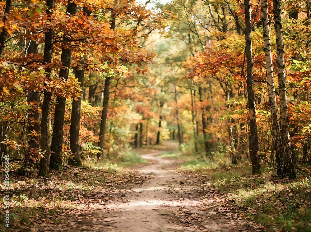 Fototapeta premium Autumn forest path with golden foliage and soft natural sunlight