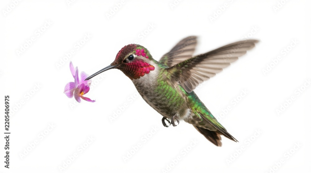 Obraz premium Hummingbird hovering and feeding on a small pink flower