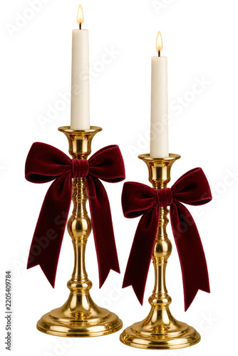 Elegant Candle Holders With White Candles and Red Bows Stand Together on a Si...
