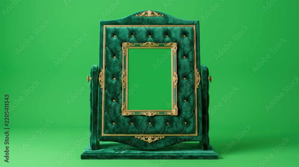 Fototapeta premium Tufted green velvet mirror frame with ornate gold filigree details stands against solid green background for custom placement.