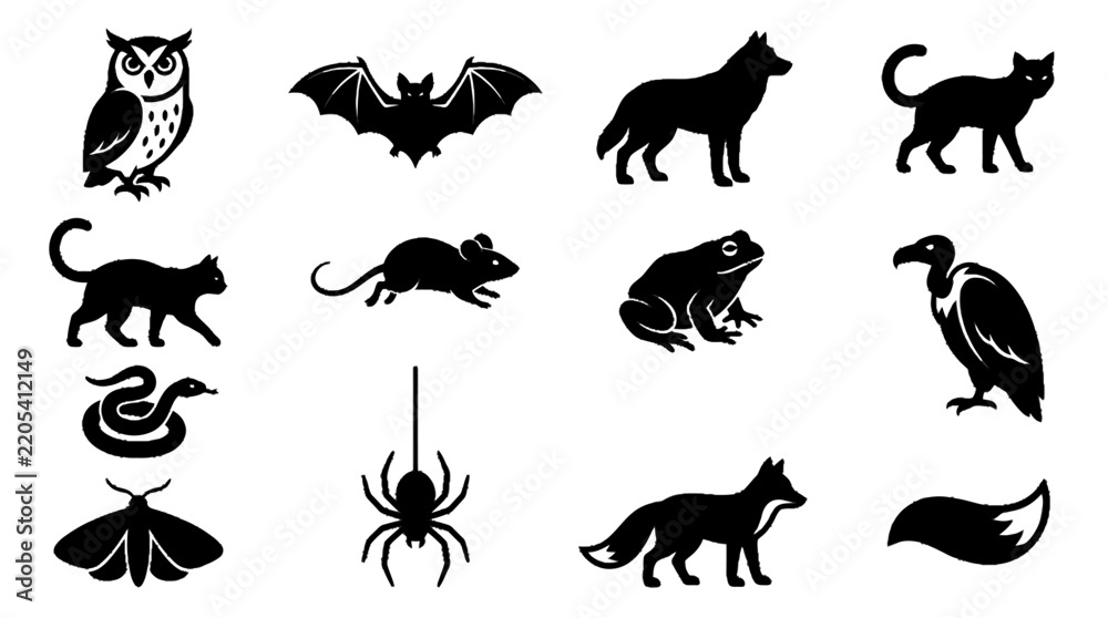 Obraz premium Black And White Vector Illustration Of Mythical And Realistic Cats And Creatures In Halloween Style