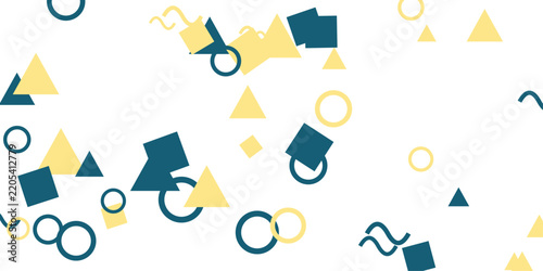 A playful and vibrant arrangement of geometric shapes, including triangles, squares, and circles, are scattered across a clean white background, creating a modern and abstract visual pattern.