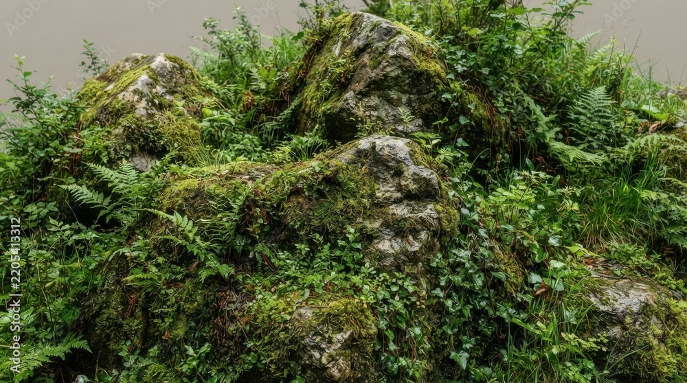 Fototapeta premium Moss covered rocks and lush green ferns in forest landscape