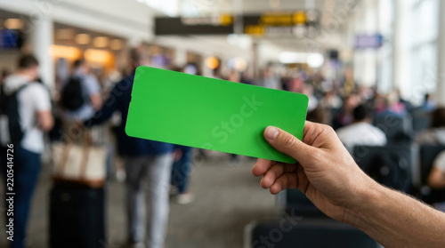 Man holding green screen paper ticket for mockup at airport terminal boarding gate featuring bright vivid colors travel concept.