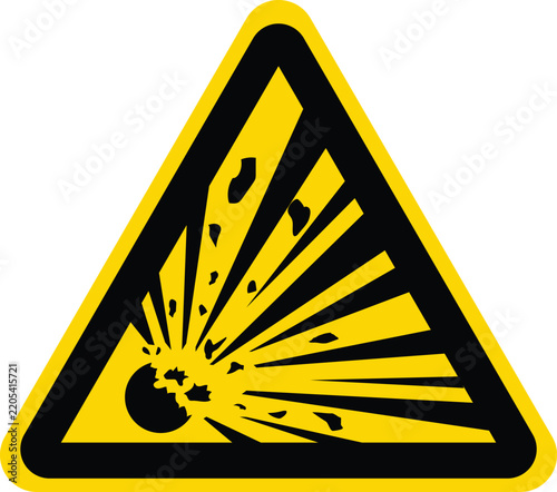 Explosive material warning sign vector. Yellow triangular warning sign with explosion symbol.