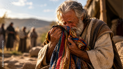 Jacob weeps, holding his son Joseph's robe in his hands.