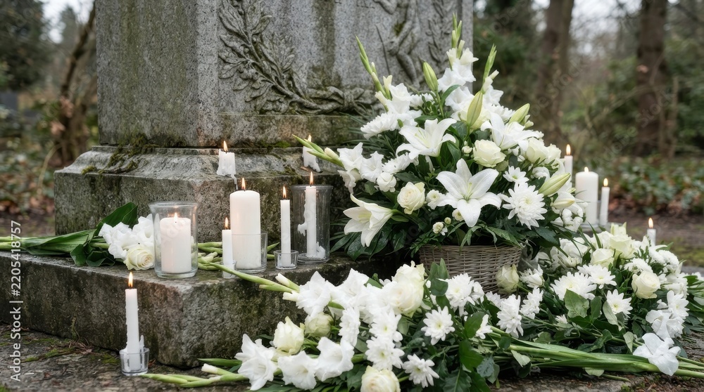 Obraz premium White floral arrangements and burning candles at a stone grave in a cemetery
