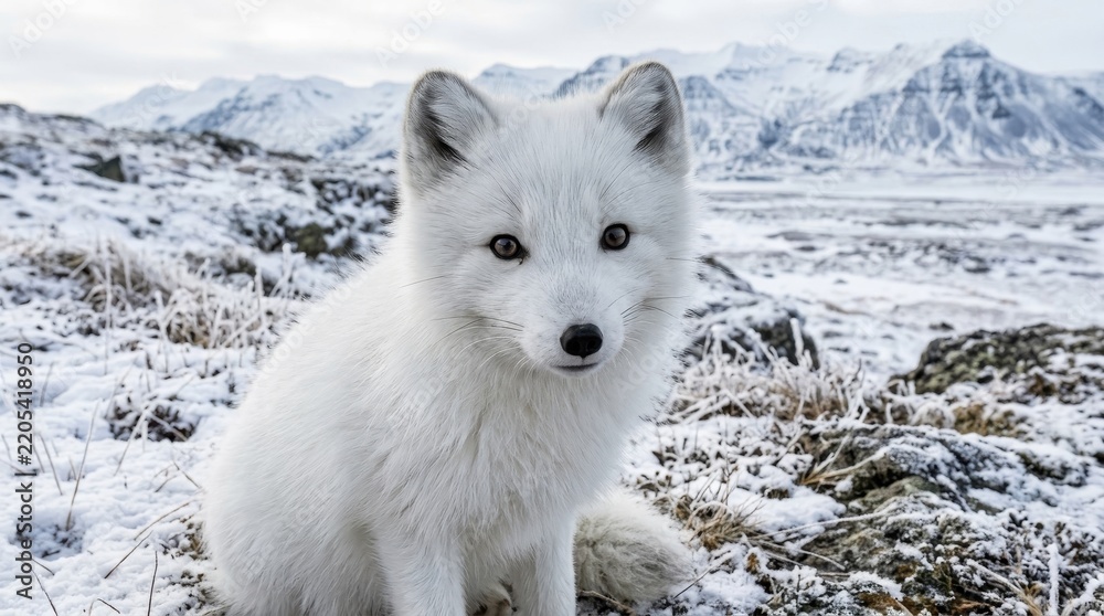 Fototapeta premium Arctic fox sitting in snow-covered landscape with mountains