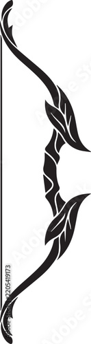  Fantasy Elven Archery Bow Silhouette Vector, Decorative Wooden Longbow with Leaf and Vine Ornamentation for Tattoo or Hunting Weapon Logo