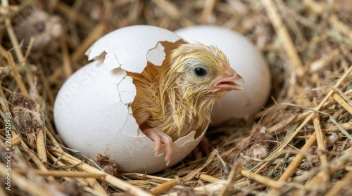 Newly hatched yellow chick emerging from a cracked white egg in a straw nest