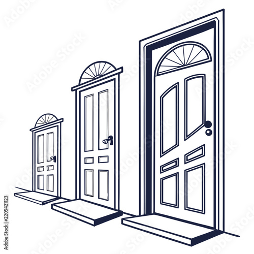 Three stylized closed doors arranged in a line featuring curved glass tops