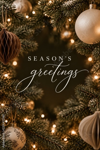 Seasons Greetings With Ornaments and Lights on a Festive Tree