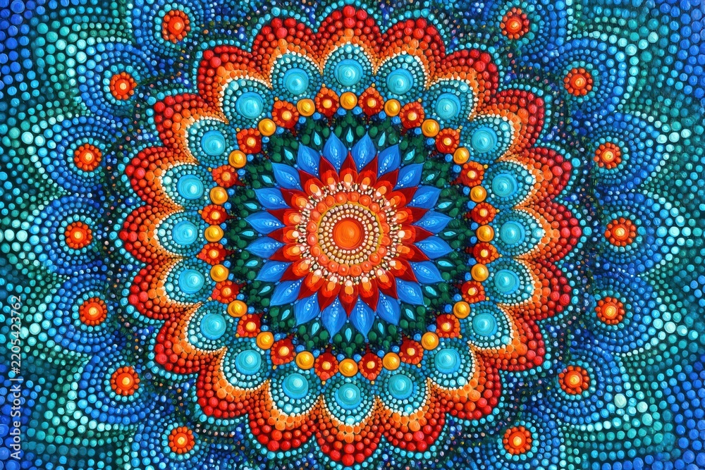 Obraz premium Hand painted dot mandala, intricate floral pattern, vibrant orange and blue circular art piece