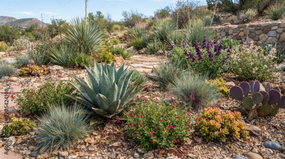 Fototapeta premium Desert garden landscape with native plants and cacti