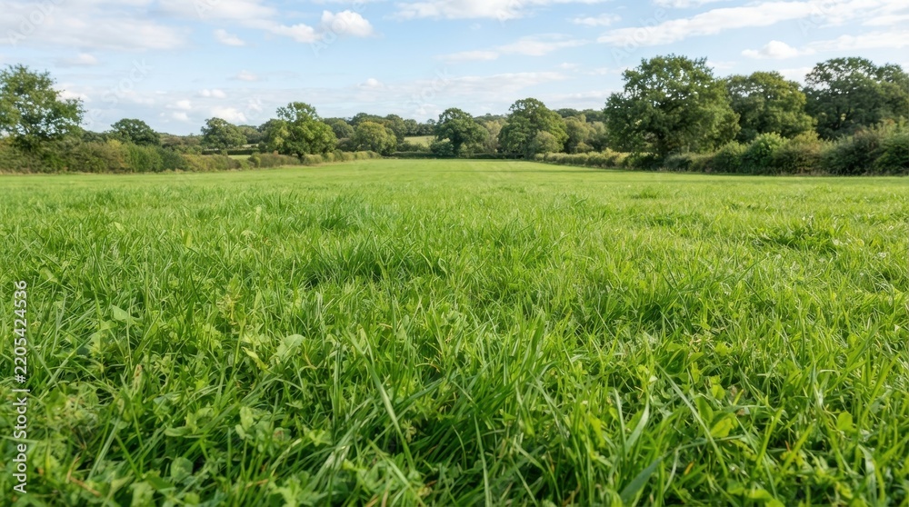 Obraz premium Vibrant green meadow landscape with trees and cloudy blue sky
